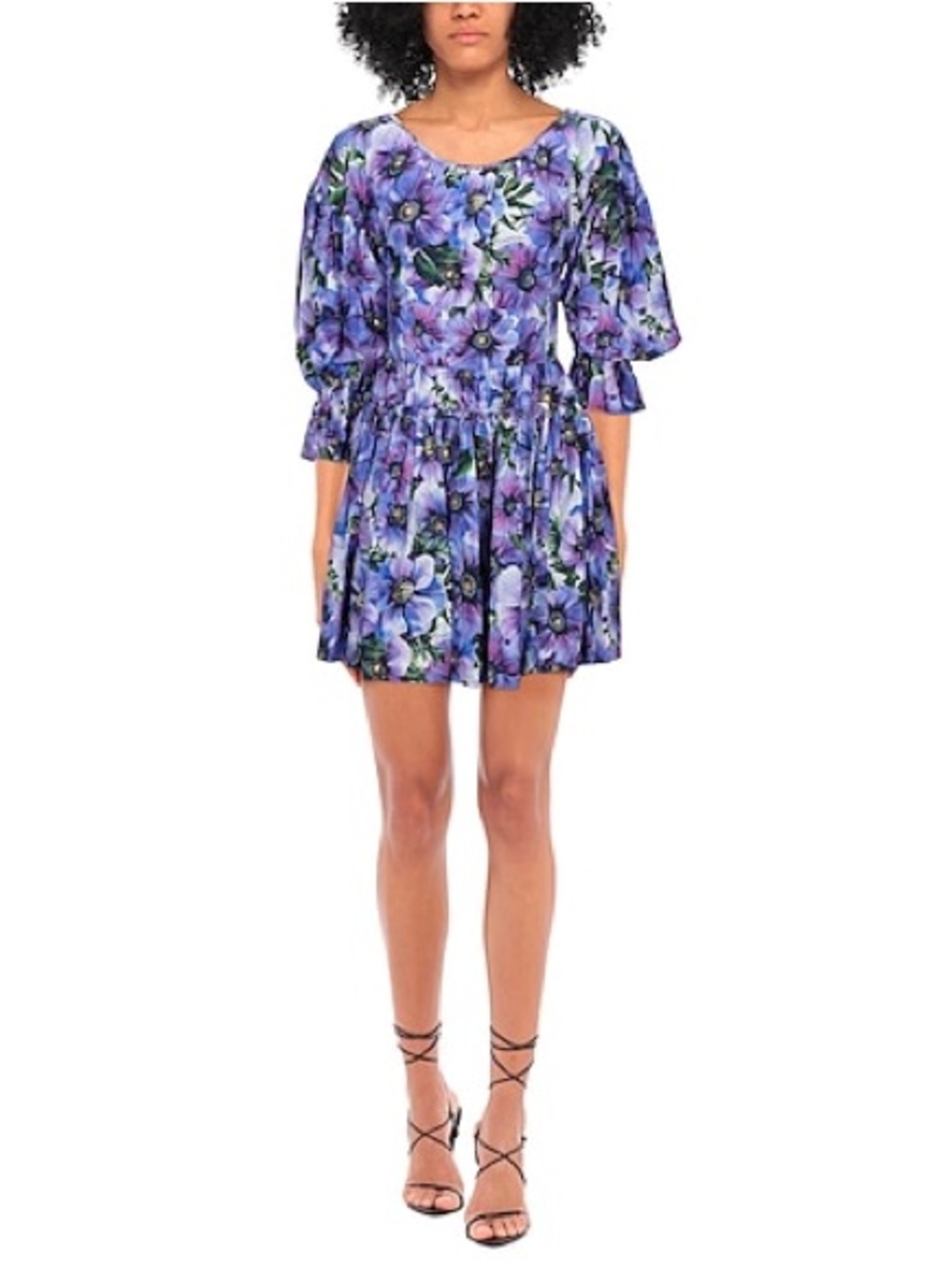 Dolce and Gabanna Purple Floral Puff-Sleeve Mini Dress